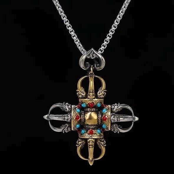 Handcrafted Nepalese Brass Filigree Cross Vajra Pendant Handmade Tibetan Style Colorful Beads