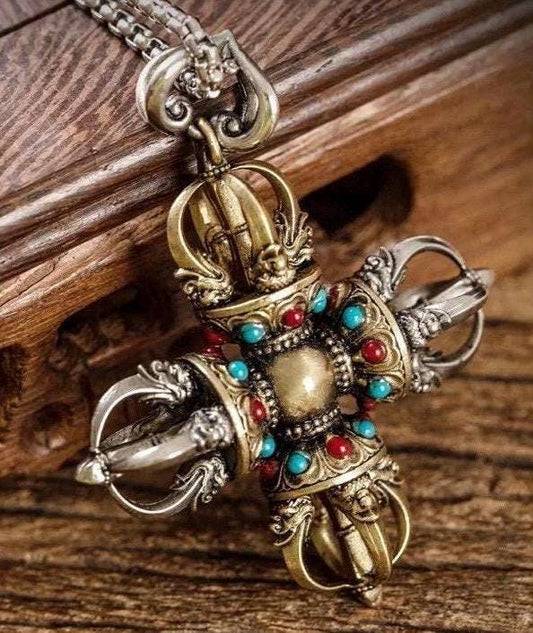 Handcrafted Nepalese Brass Filigree Cross Vajra Pendant Handmade Tibetan Style Colorful Beads