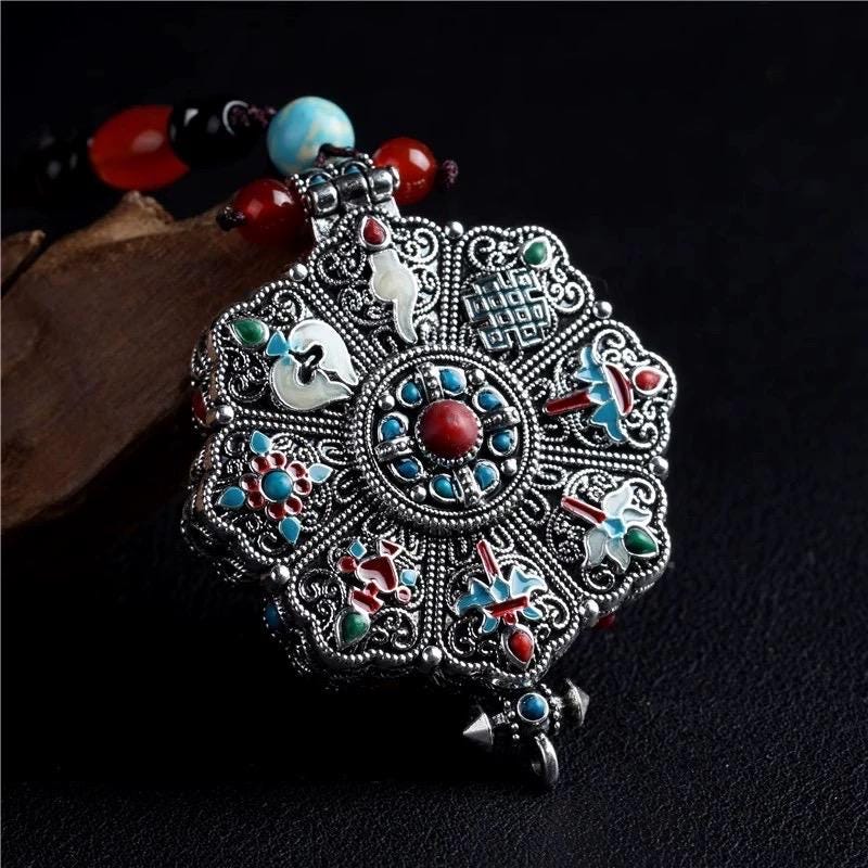 Handcrafted Tibetan Gau Prayer Box Pendant Six Syllable Lotus Eight Auspicious Symbols Handmade amulet