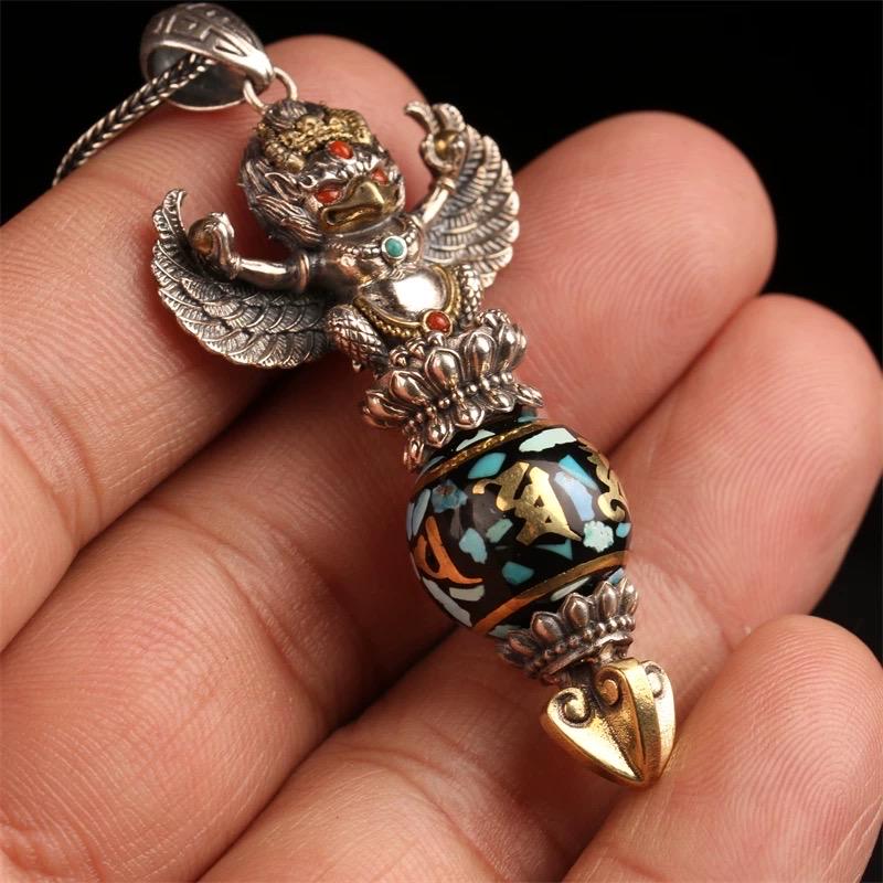 Silver Garuda Pendant Handcrafted Tibetan Sacred Protector Amulet Handmade Necklace