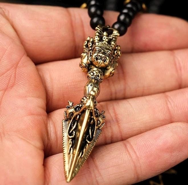 Phurba Vajra Dagger Vintage Handmade Nepal Tibetan Pendant Necklace Dispels negative energy Pure Brass Amulet for Men and Women