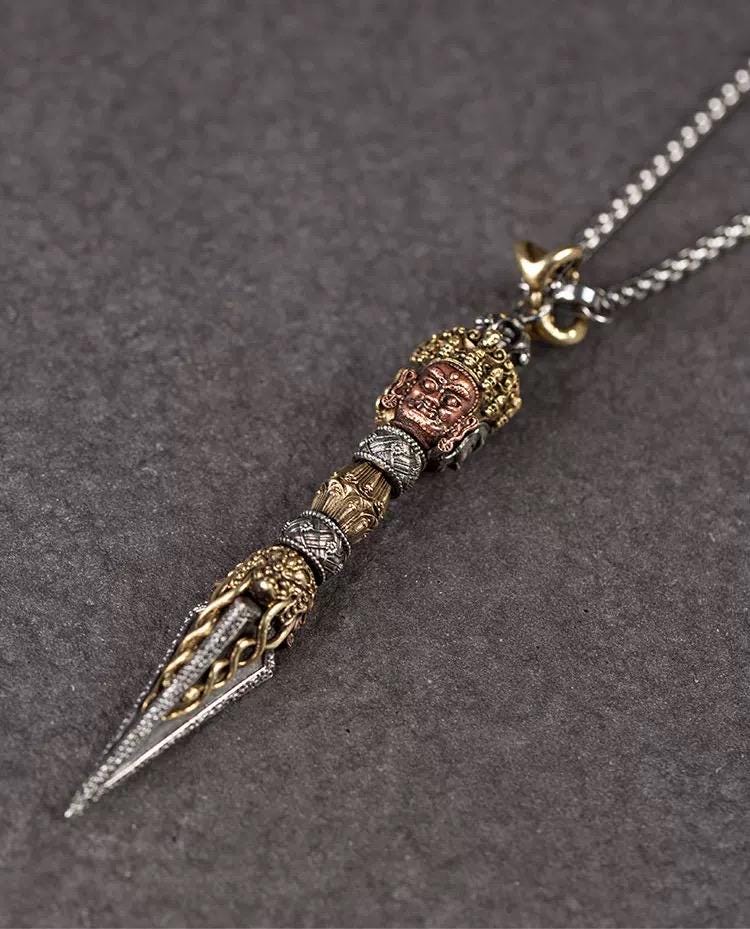 Phurba Vajra Dagger Rotatable Vintage Handmade Nepal Tibetan Pendant Necklace: Pure Brass Amulet for Men and Women