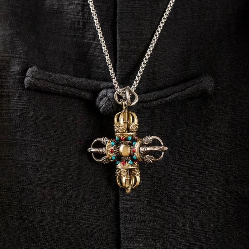 Handcrafted Nepalese Brass Filigree Cross Vajra Pendant Handmade Tibetan Style Colorful Beads