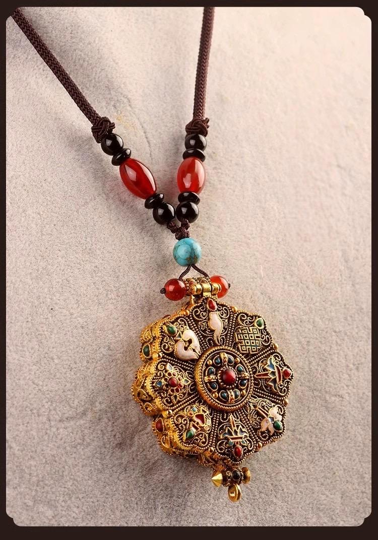 Handcrafted Tibetan Gau Prayer Box Pendant Six Syllable Lotus Eight Auspicious Symbols Handmade amulet