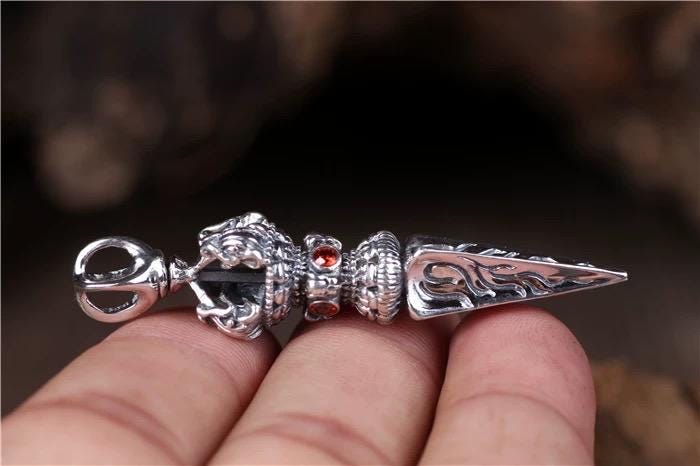 Handmade 925 Sterling Silver Phurba Vajra Dagger Pendant Tibetan Protection Amulet Necklace Dispels negative energy Pure Brass Amulet