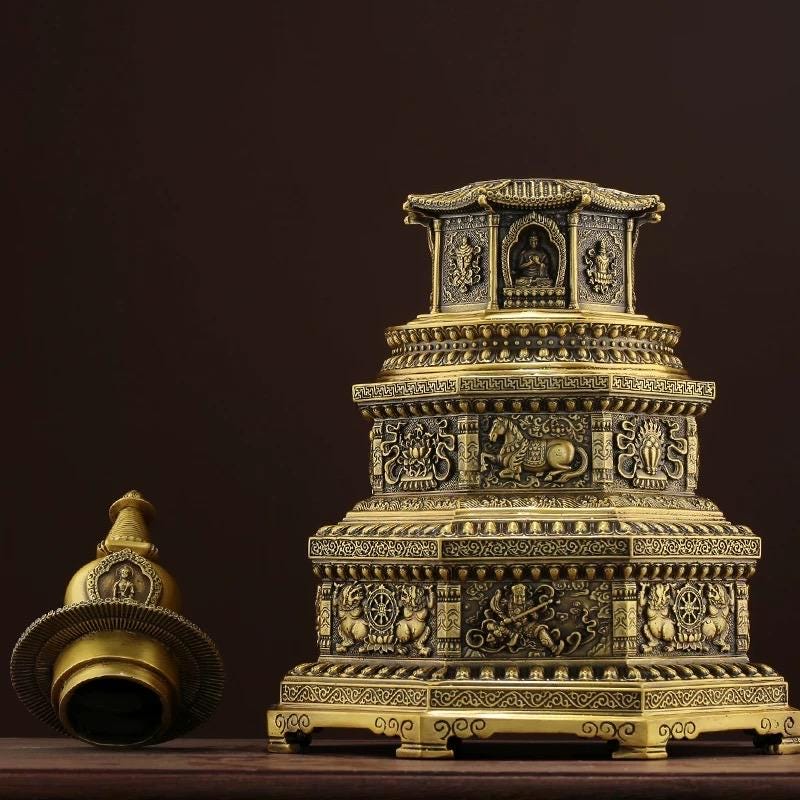 Handcrafted Sacred Brass Stupa Statue Tibetan Craft Spirituality Meditation Blessing Home Decor