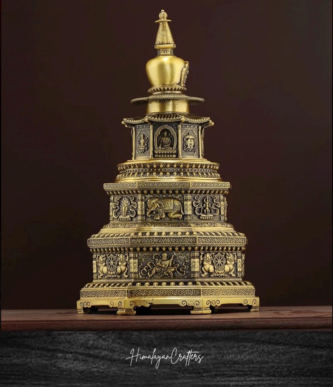 Handcrafted Sacred Brass Stupa Statue Tibetan Craft Spirituality Meditation Blessing Home Decor